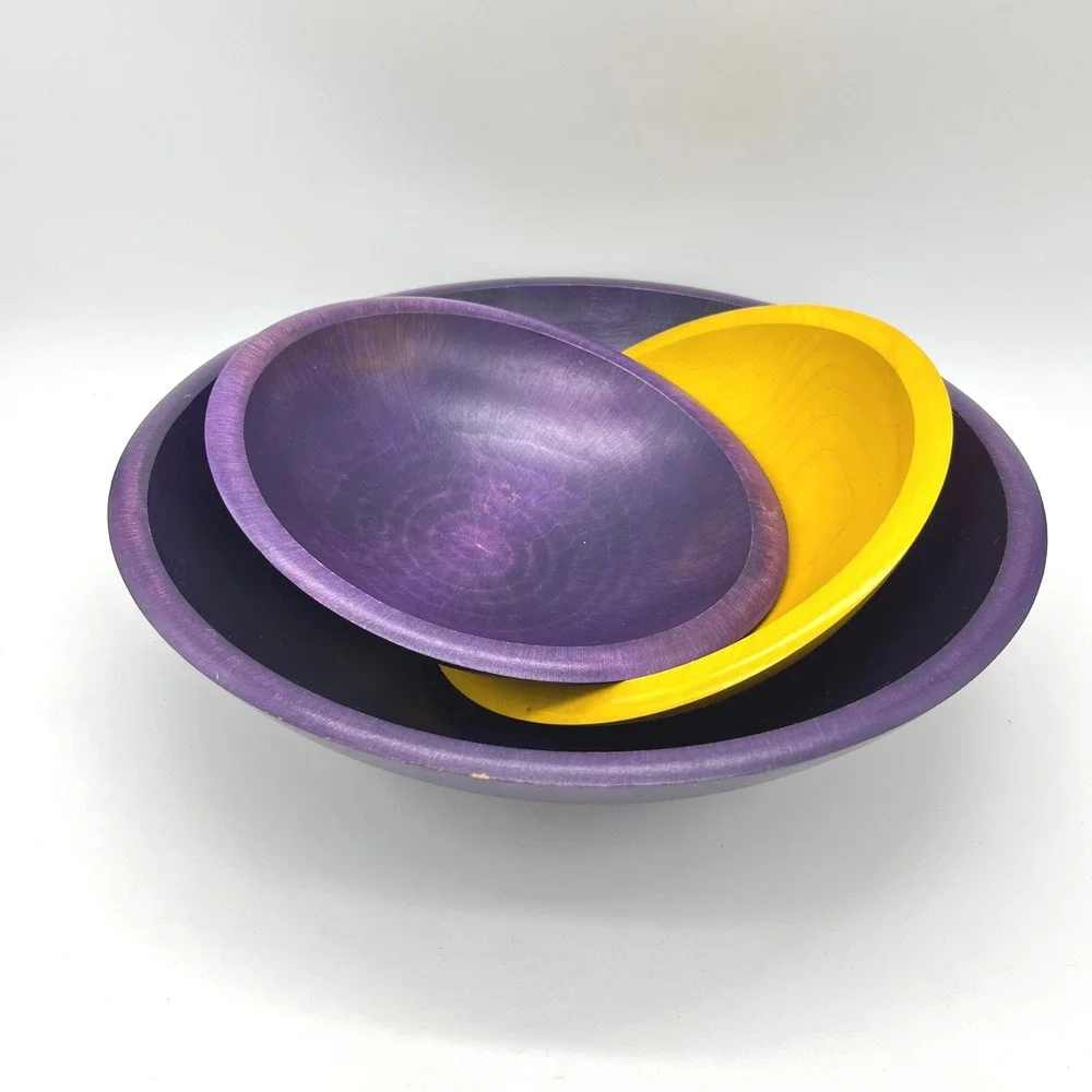 Tree Spirit Wood Serving Bowls Set of 3 Purple‎ and Yellow Dyed Wooden Decor